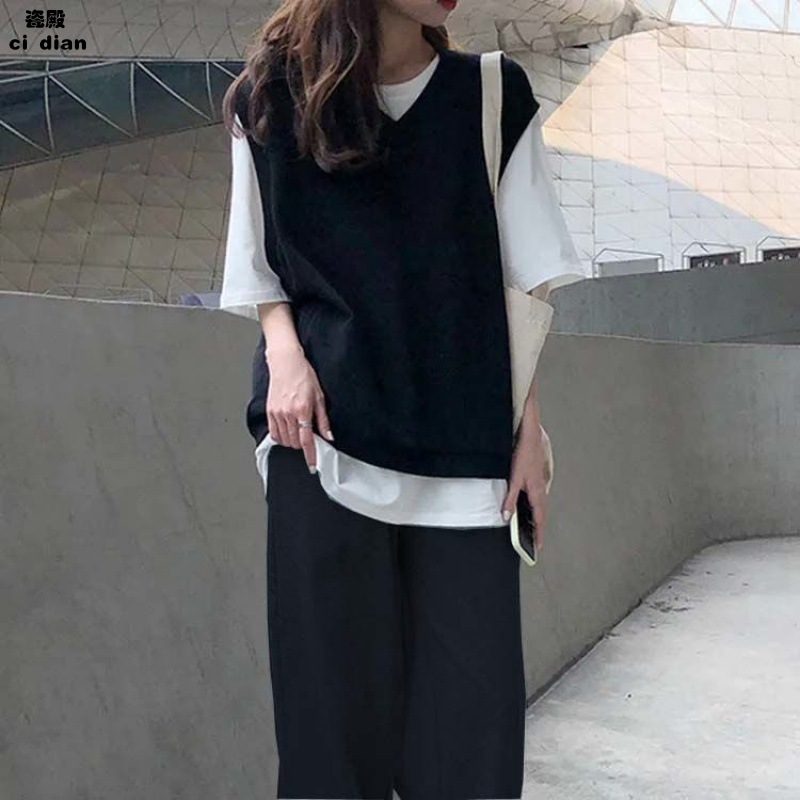 韓版休閒寬鬆顯瘦短袖+馬甲+闊腿褲三件套裝