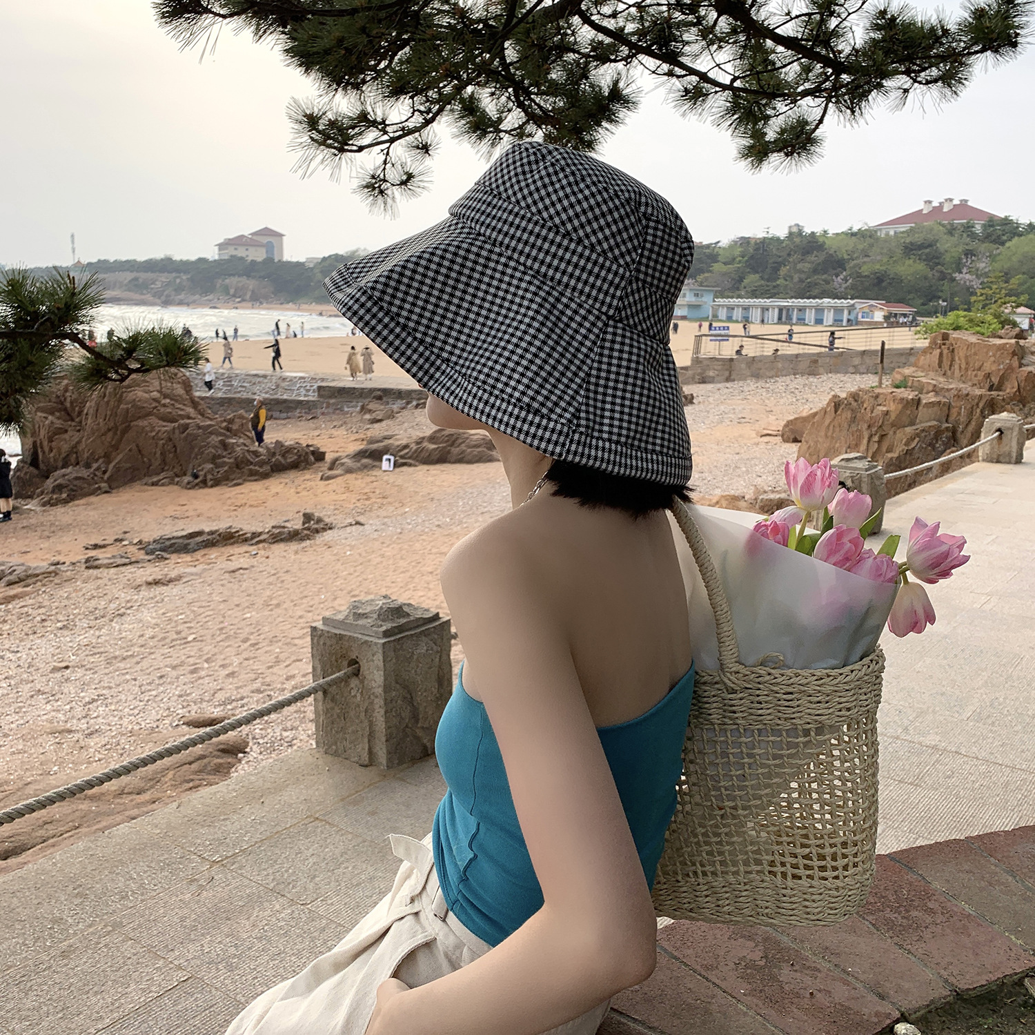 韓版街頭百搭時尚復古千鳥格遮陽漁夫帽子