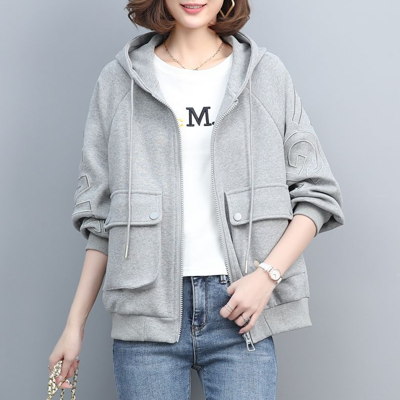 韓版寬鬆休閒口袋連帽拉鍊短款開衫-Cicichill