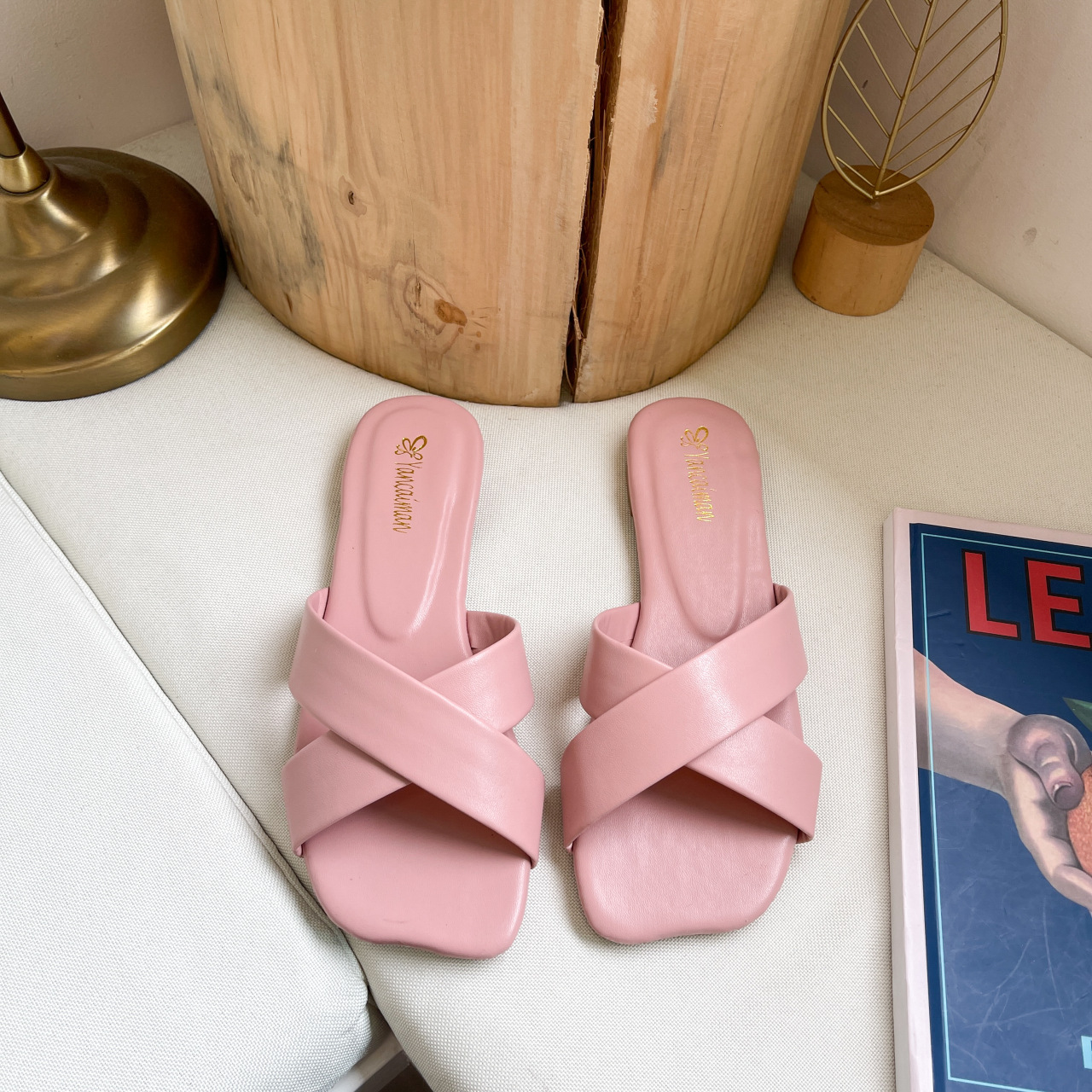 網紅交叉糖果色方頭平底外穿拖鞋-Cicichill