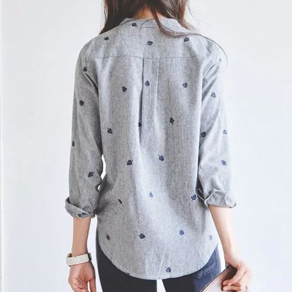 條紋拼色樹葉刺繡韓版立領長袖顯瘦襯衫-Cicichill