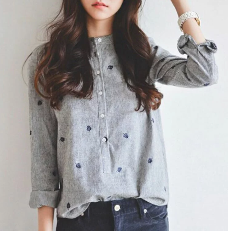 條紋拼色樹葉刺繡韓版立領長袖顯瘦襯衫-Cicichill