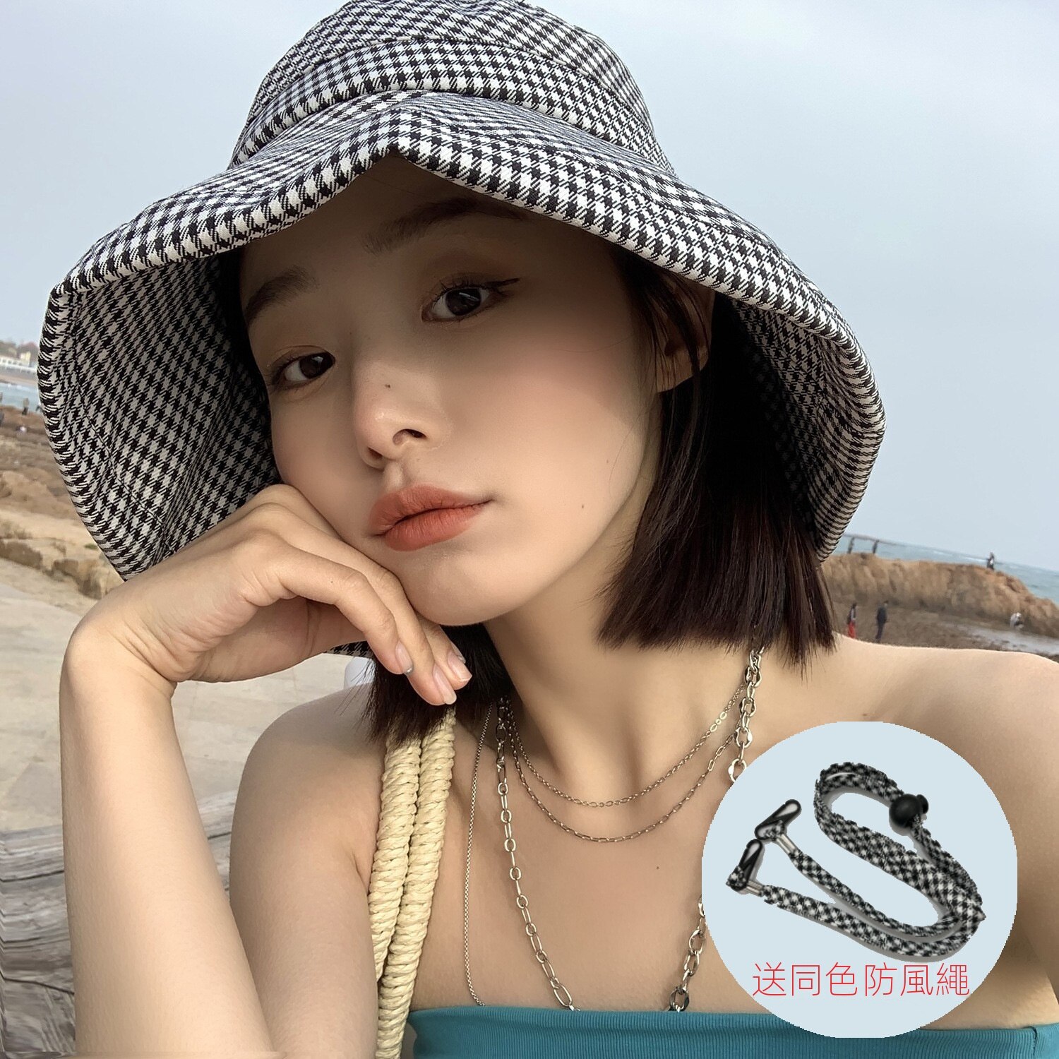 韓版街頭百搭時尚復古千鳥格遮陽漁夫帽子