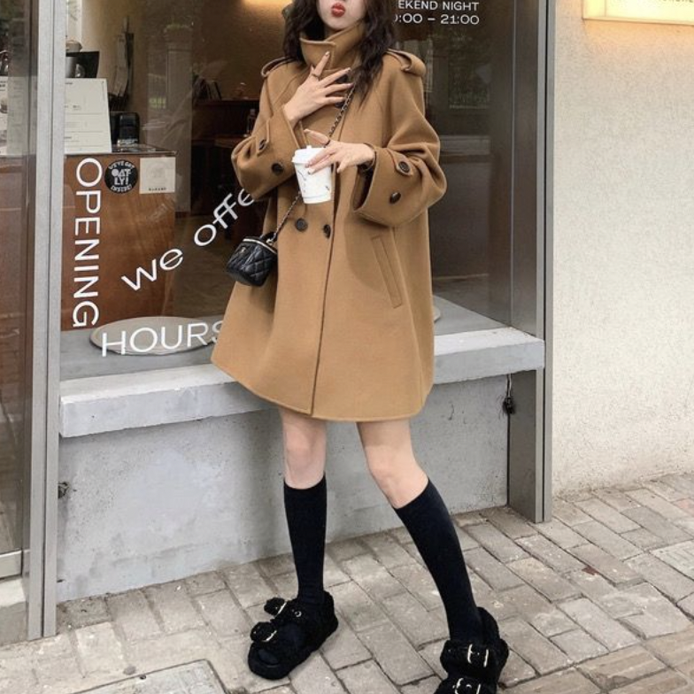 斗篷毛呢赫本風韓系加厚雙面羊絨外套-Cicichill