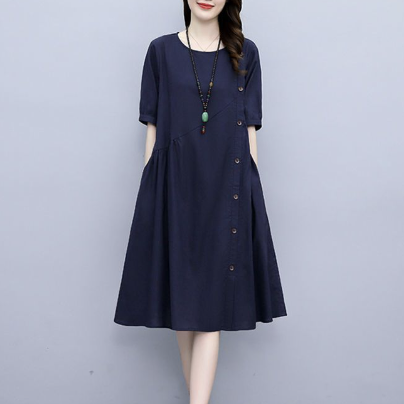 洋氣減齡透氣寬鬆遮肚子顯瘦棉麻連身裙-Cicichill