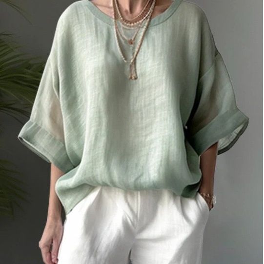 純色舒適休閒圓領棉麻落肩寬鬆顯瘦襯衫-Cicichill