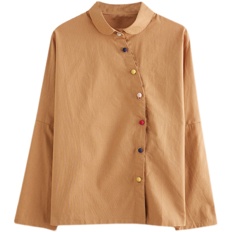 斜襟彩扣棉麻復古娃娃領亞麻打底襯衫-Cicichill