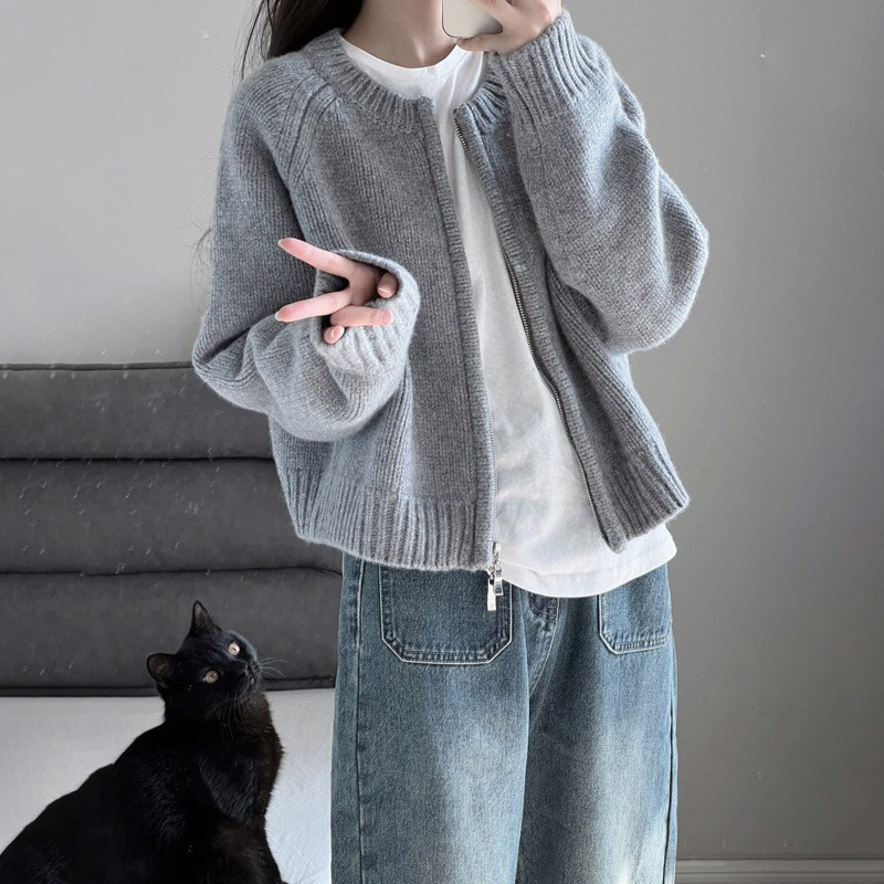 休閒百搭寬鬆拉鍊長袖針織開衫-Cicichill