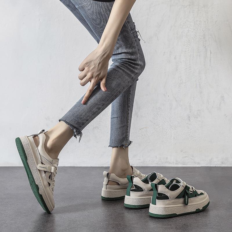 透氣鏤空拼色小白鞋洞洞休閒前系帶板鞋-Cicichill