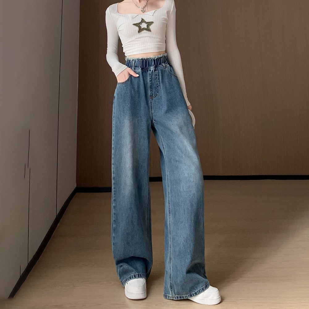 寬鬆高腰顯瘦拖地直筒闊腿牛仔長款褲裝-Cicichill