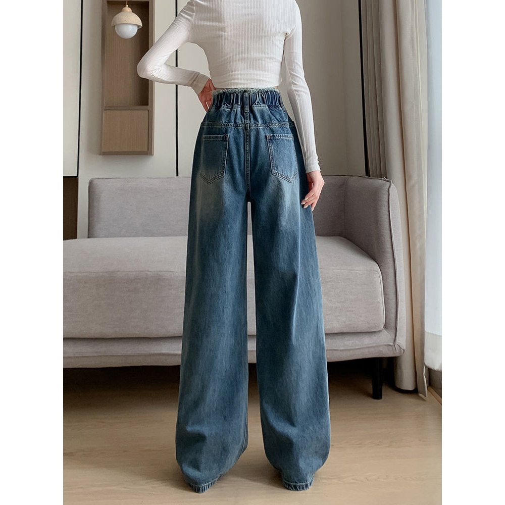 寬鬆高腰顯瘦拖地直筒闊腿牛仔長款褲裝-Cicichill