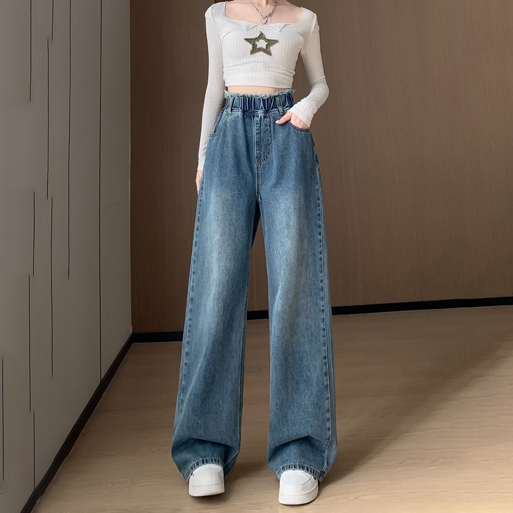 寬鬆高腰顯瘦拖地直筒闊腿牛仔長款褲裝-Cicichill