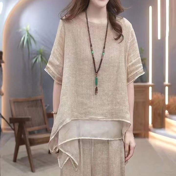 【單件/整套】復古文藝棉麻不規則下擺上衣+闊腿褲兩件套裝-Cicichill