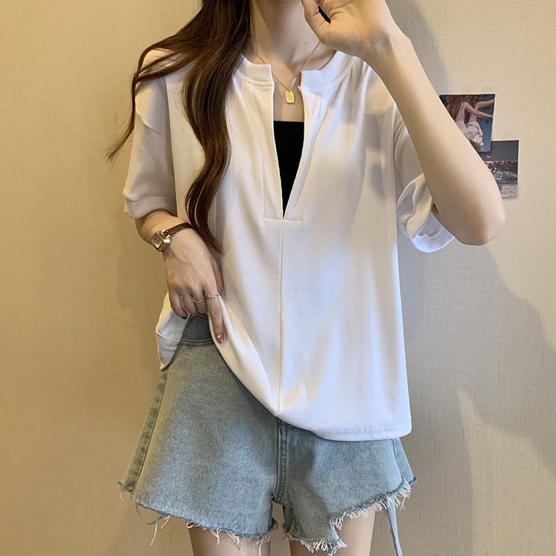 Ins潮寬鬆顯瘦百搭小眾遮肚假兩件短袖