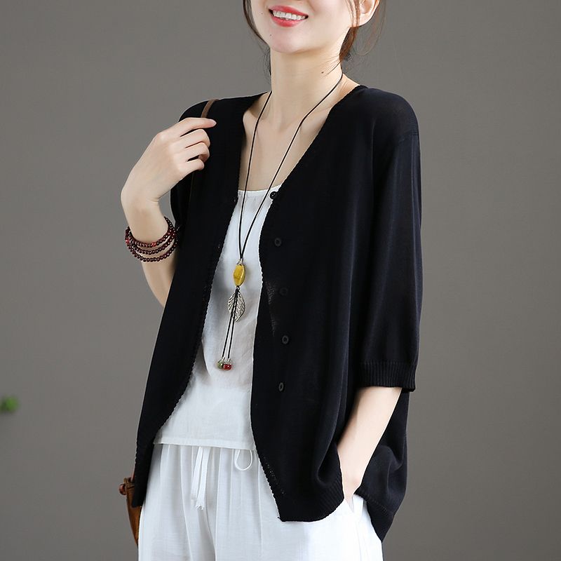 百搭文藝防曬空調衫冰絲中袖針織開衫-Cicichill