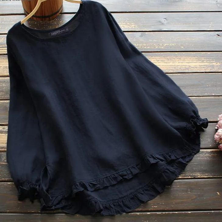 棉麻純色寬鬆荷葉邊圓領長袖襯衫-Cicichill