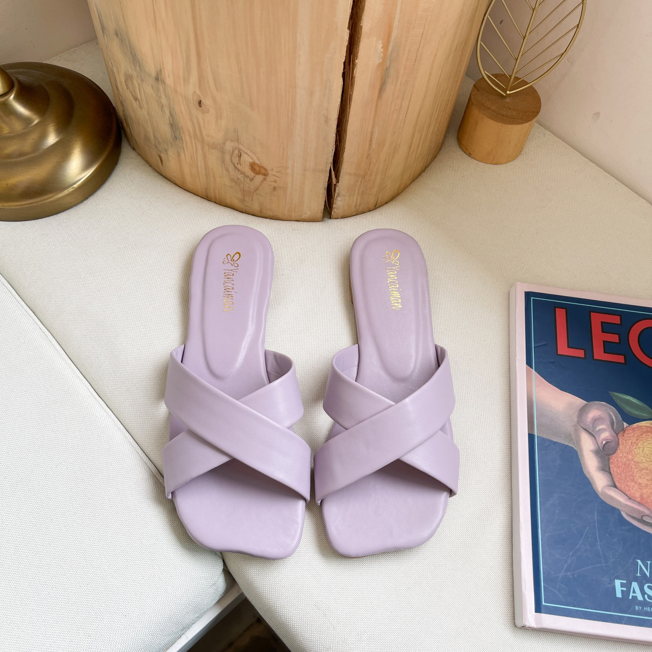 網紅交叉糖果色方頭平底外穿拖鞋-Cicichill