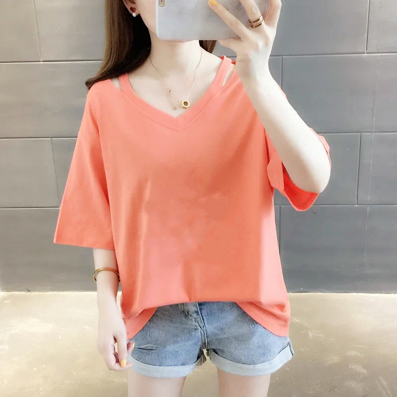 Ins潮流設計感休閒百搭洋氣寬鬆V領短袖