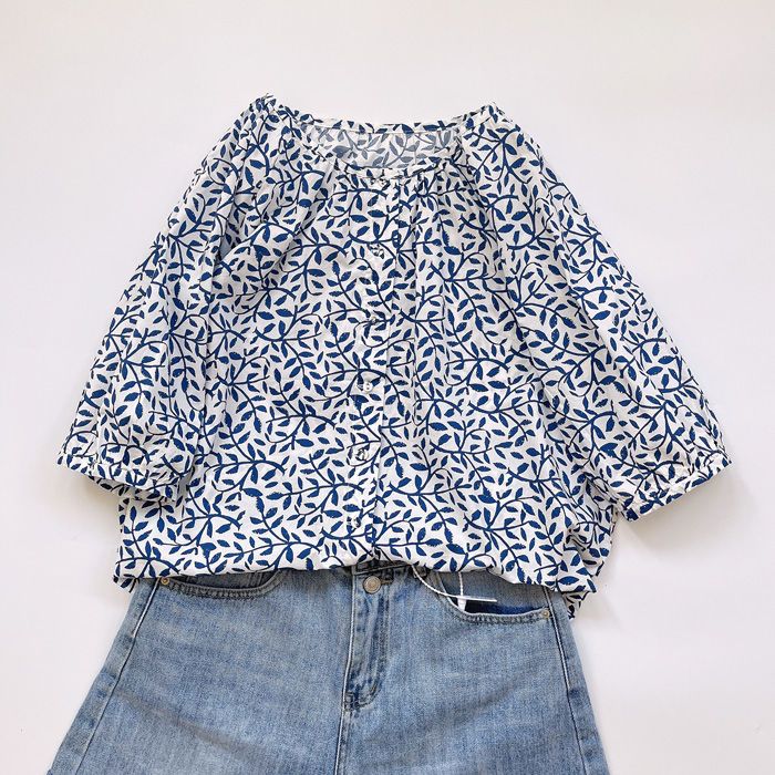 法式文藝碎花寬鬆百搭青花瓷印花襯衫-Cicichill