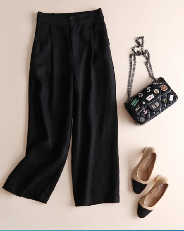 闊腿亞麻薄款休閒寬鬆九分褲裝-Cicimode