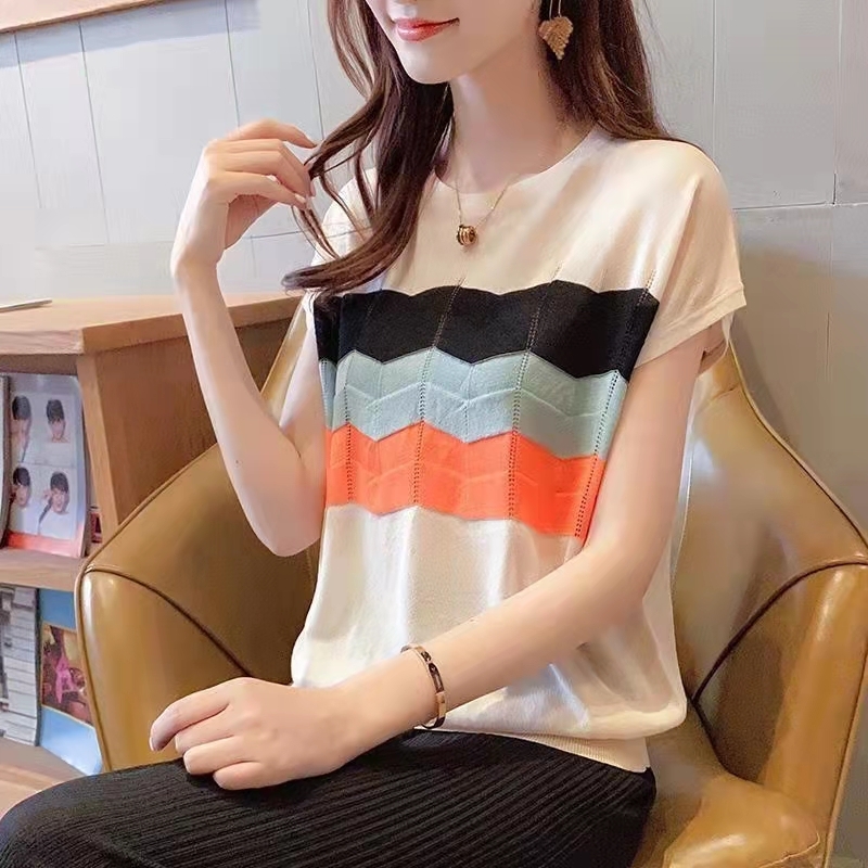 彩虹條紋寬鬆上衣打底衫薄款冰絲針織衫短袖