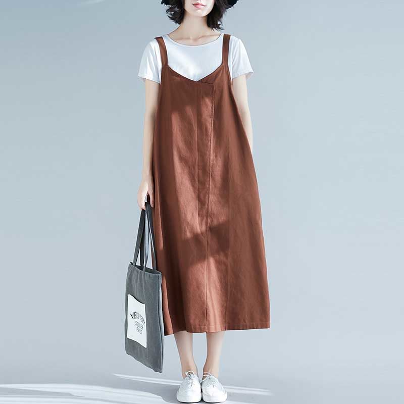 韓版休閒寬鬆棉麻中長款無袖背帶連身裙-Cicichill