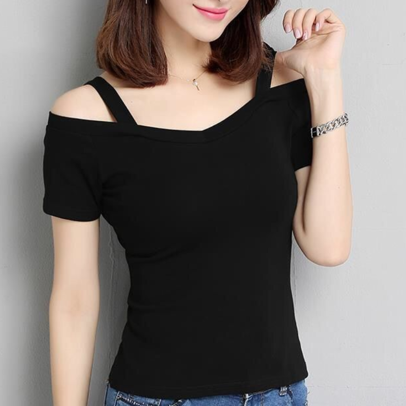 韓版設計感小眾修身一字領露肩吊帶短袖