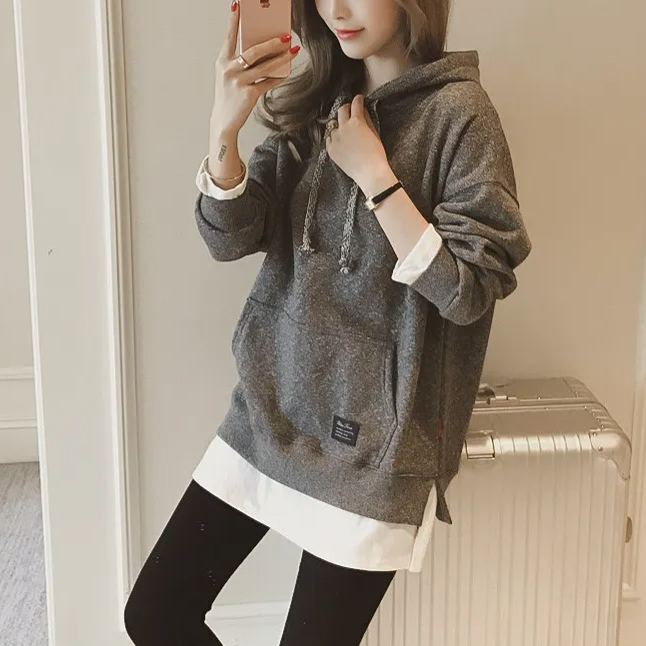 寬鬆連帽衛衣套頭打底外套假兩件衛衣-Cicichill