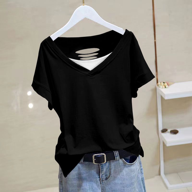 寬鬆洋氣後背鏤空設計感純棉v領短袖