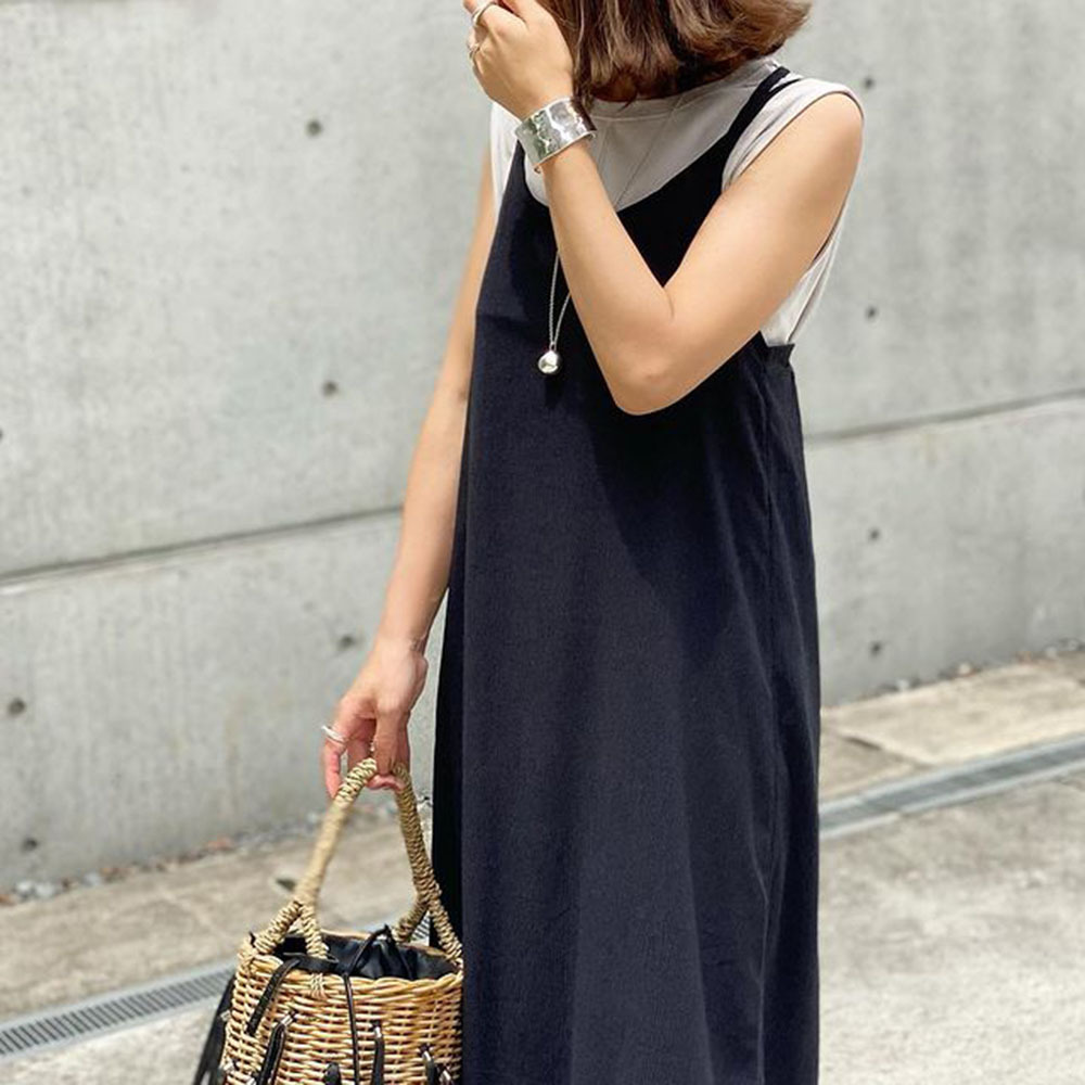 日系長款聚攏圓領吊帶後背織帶無袖素色休閒A字連身裙