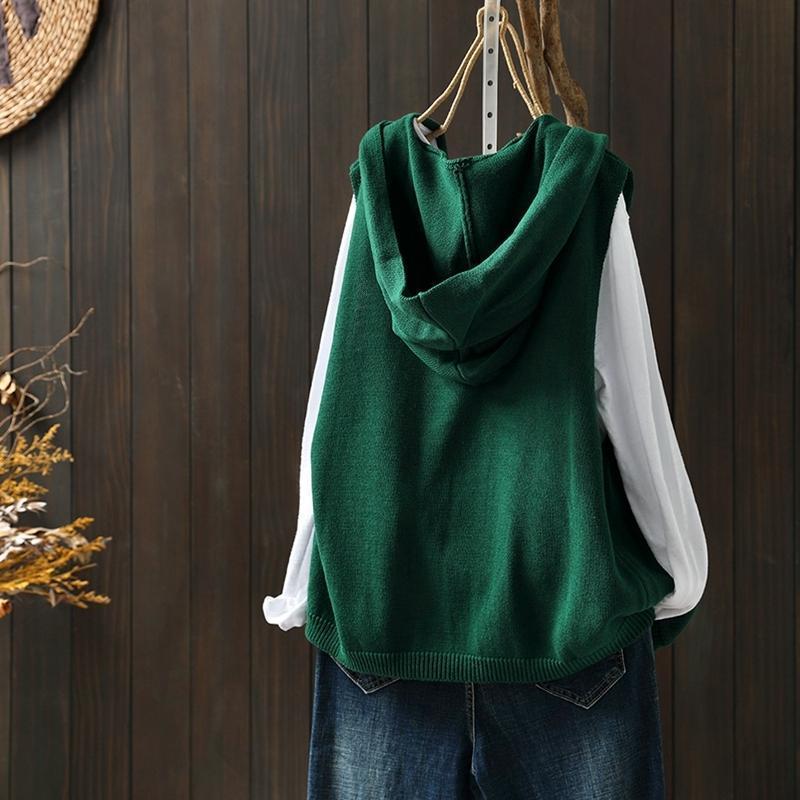 連帽針織文藝寬鬆休閒雙口袋無袖外穿馬甲-Cicichill