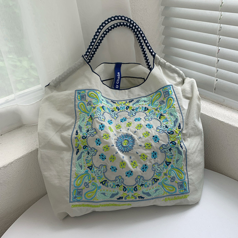 日系小眾腰果花刺繡購物袋尼龍環保袋時尚手提單肩包-Cicichill