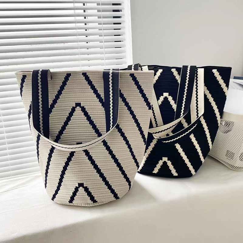 簡約條紋大容量通勤百搭時尚單肩編織腋下包-Cicichill