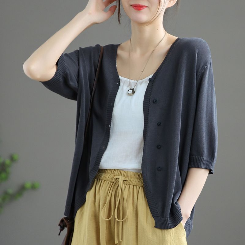 百搭文藝防曬空調衫冰絲中袖針織開衫-Cicichill