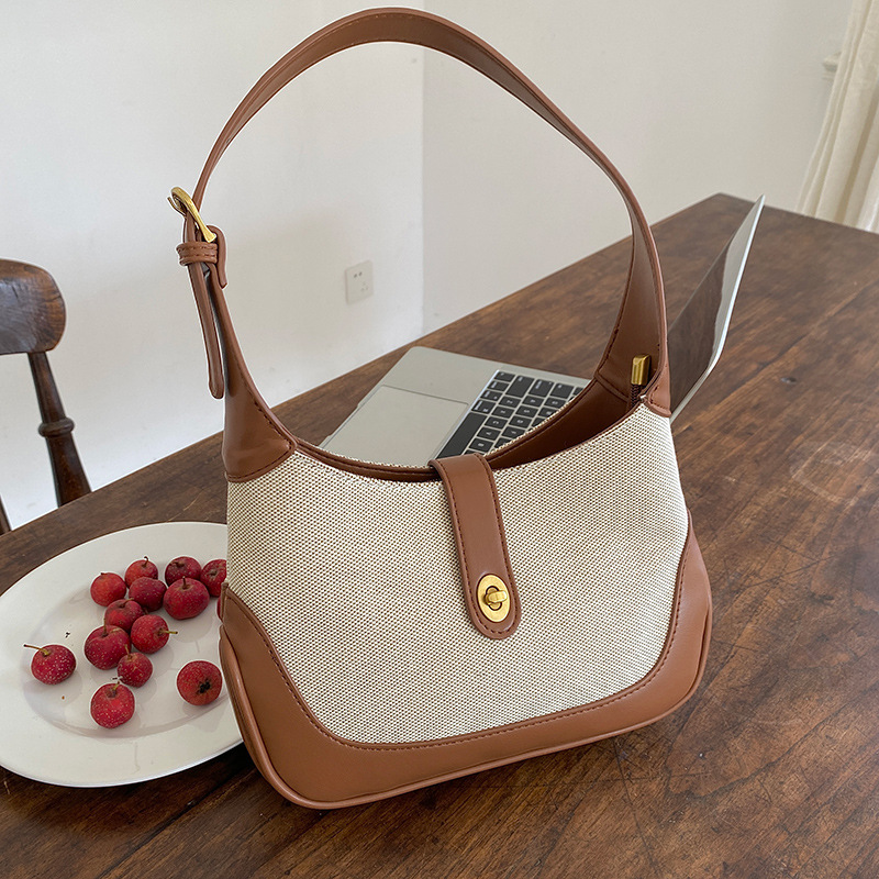 Ins風復古小眾拼接撞色月牙腋下包手提袋