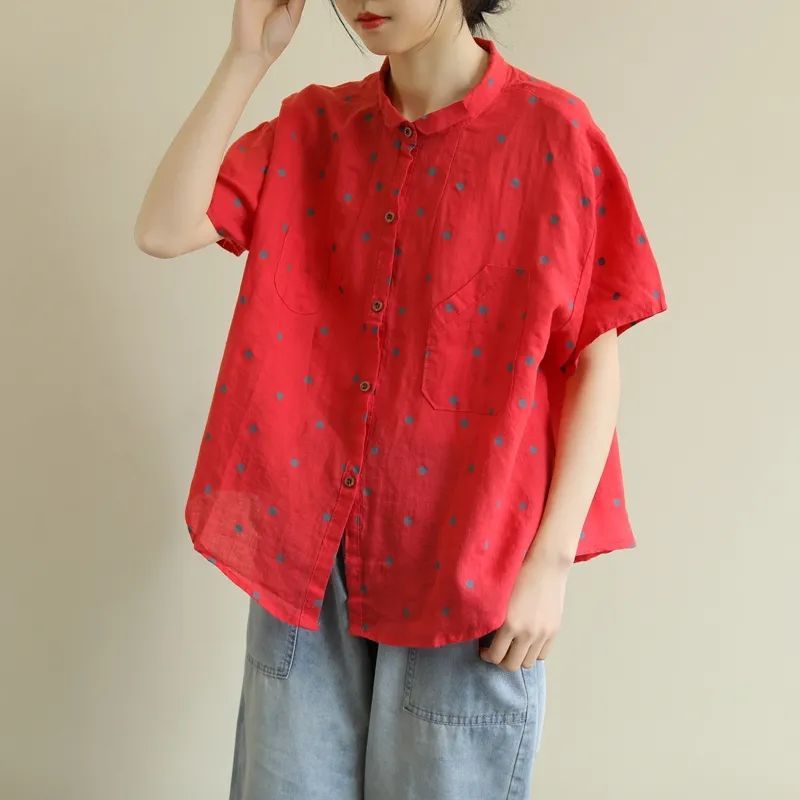 文藝復古波點寬鬆休閒百搭小翻領娃娃衫減齡襯衫
