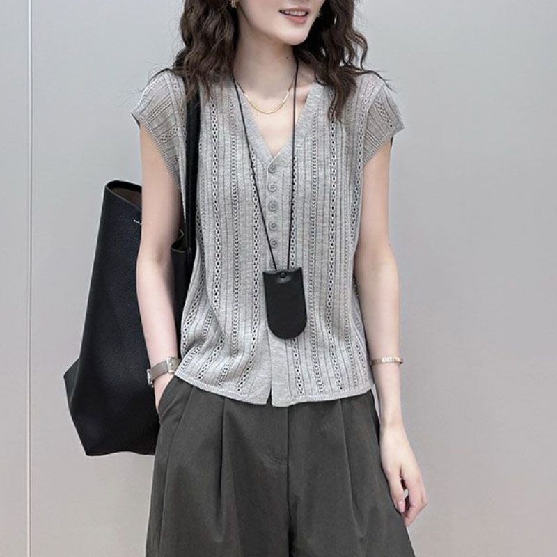 氣質涼感透氣時尚V領顯瘦針織設計感鏤空開衫