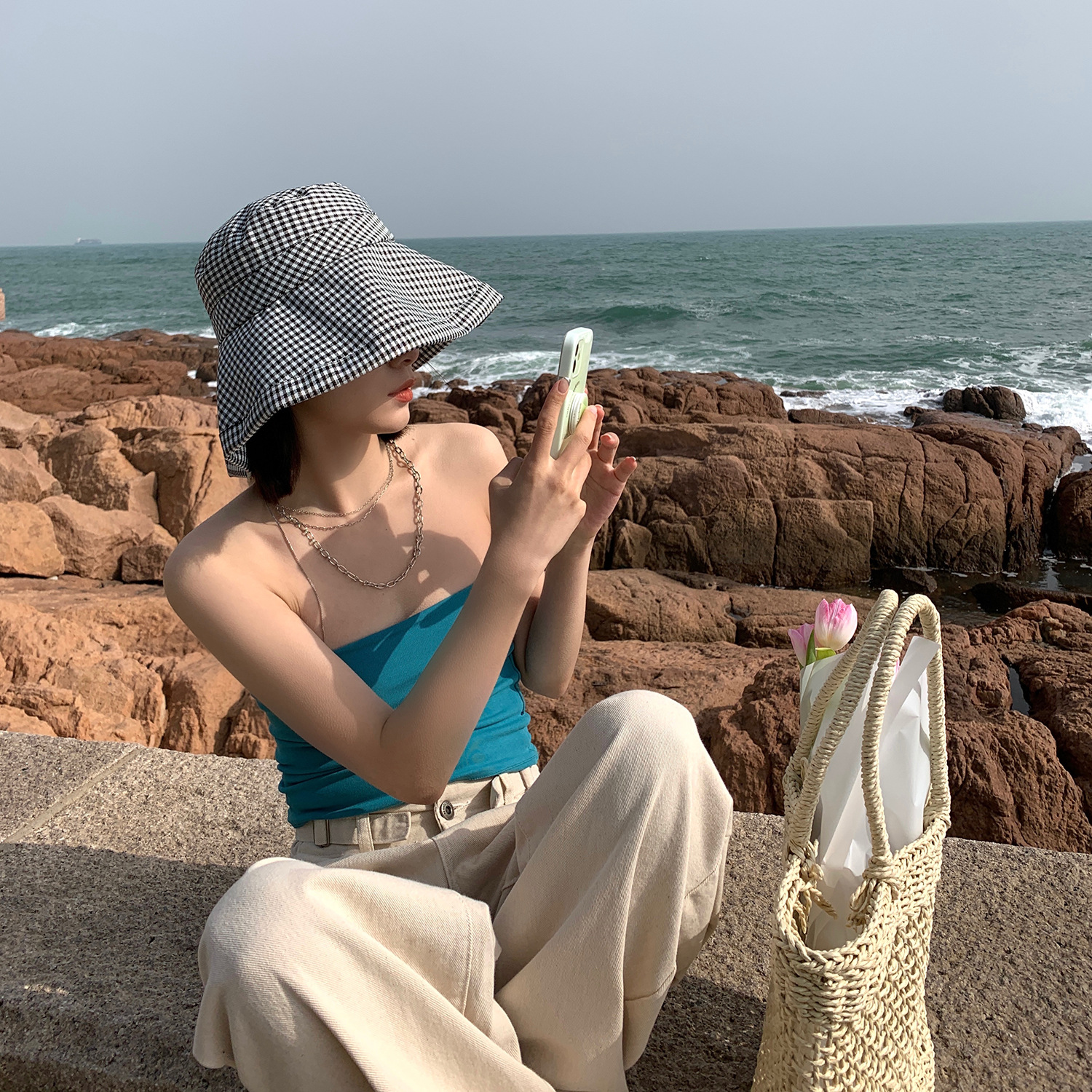 韓版街頭百搭時尚復古千鳥格遮陽漁夫帽子