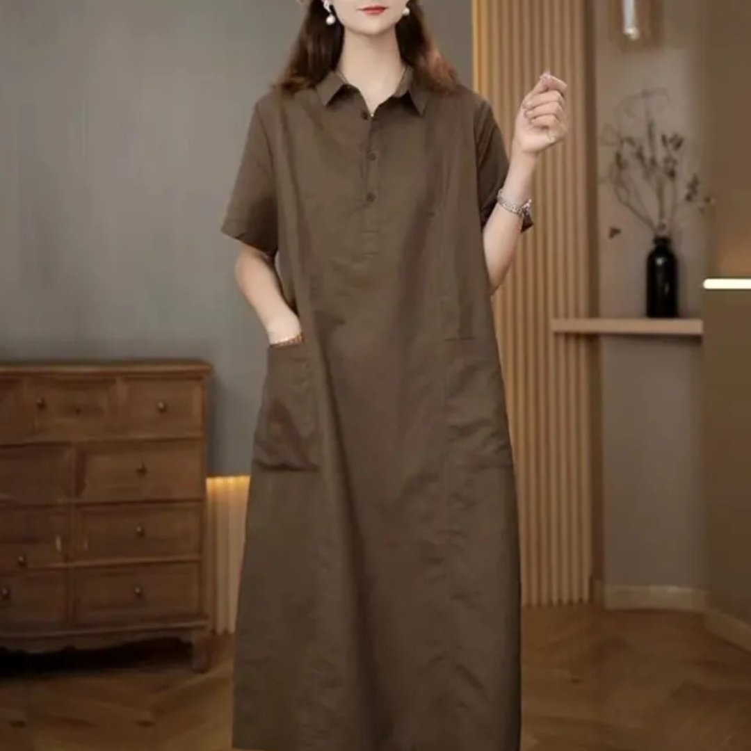 休閒氣質寬鬆遮肚純色口袋襯衫連身裙-Cicichill