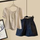 米白色上衣+黑色短褲/兩件套