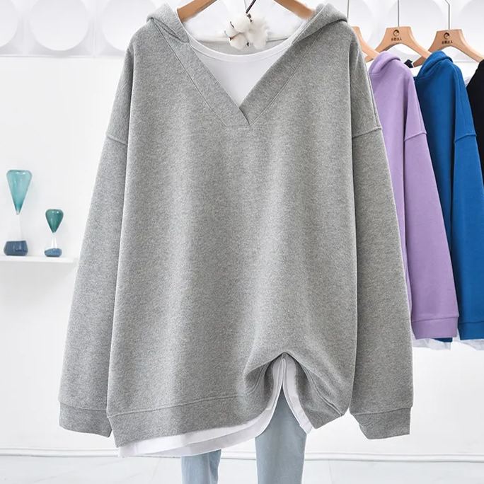 休閒寬鬆簡約V領假兩件中長款連帽衛衣-Cicichill