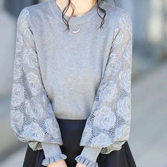 法式氣質蕾絲拼接燈籠袖圓領套頭毛衣針織衫-Cicichill