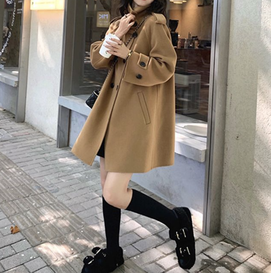 斗篷毛呢赫本風韓系加厚雙面羊絨外套-Cicichill