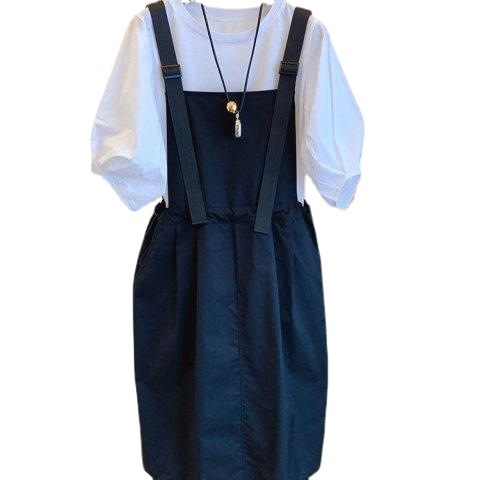 【可單買】韓版泡泡袖上衣+顯瘦收腰背帶連身裙套裝-Cicichill