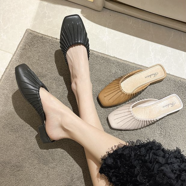 四季外穿包頭平底軟底懶人一腳蹬方頭涼拖-Cicichill