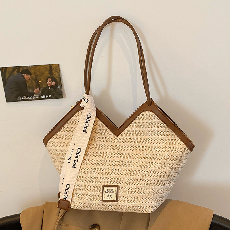 大容量草編單肩手拎通勤絲巾腋下托特包-Cicichill