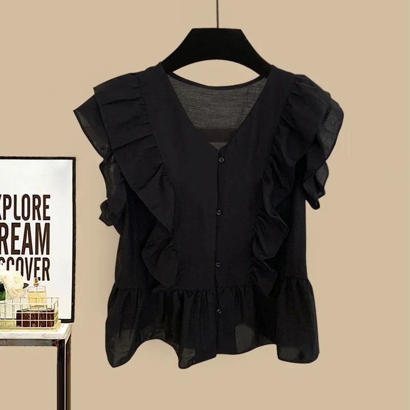 【兩件套】時尚v領雪紡娃娃衫荷葉邊無袖襯衫+短褲套裝