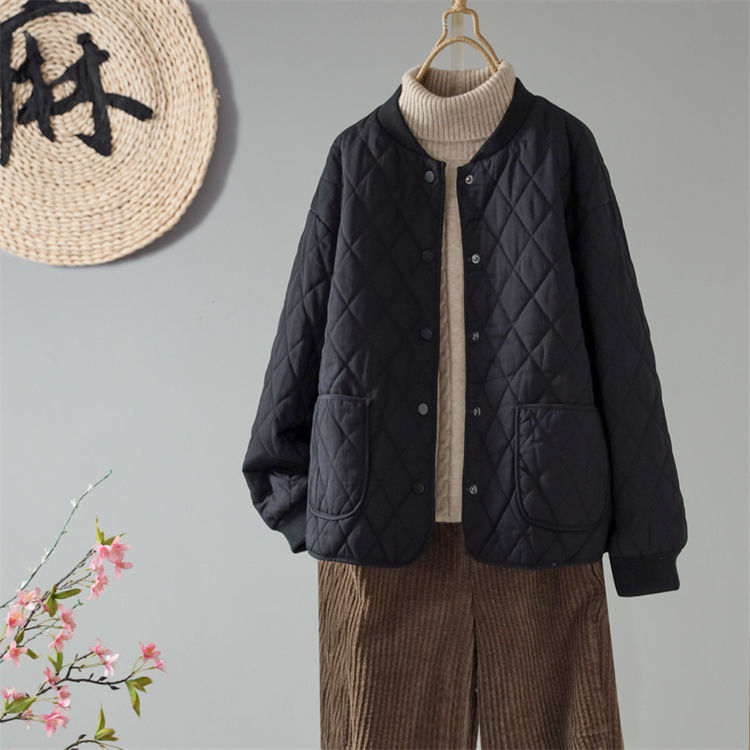 復古圓領寬鬆單排扣顯瘦夾棉保暖棉衣-Cicichill