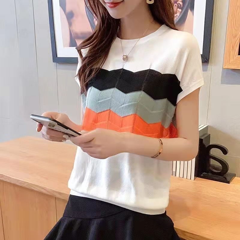 彩虹條紋寬鬆上衣打底衫薄款冰絲針織衫短袖