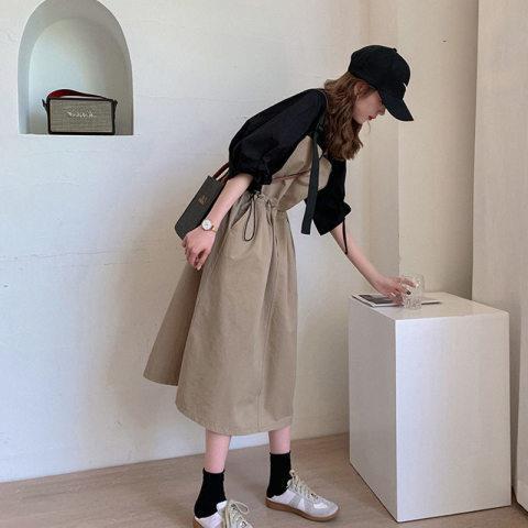 【可單買】韓版泡泡袖上衣+顯瘦收腰背帶連身裙套裝-Cicichill